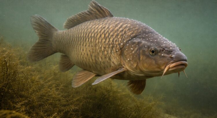 Karpfen mit Laichausschlag im trüben Wasser eines Gewässers im Frühling